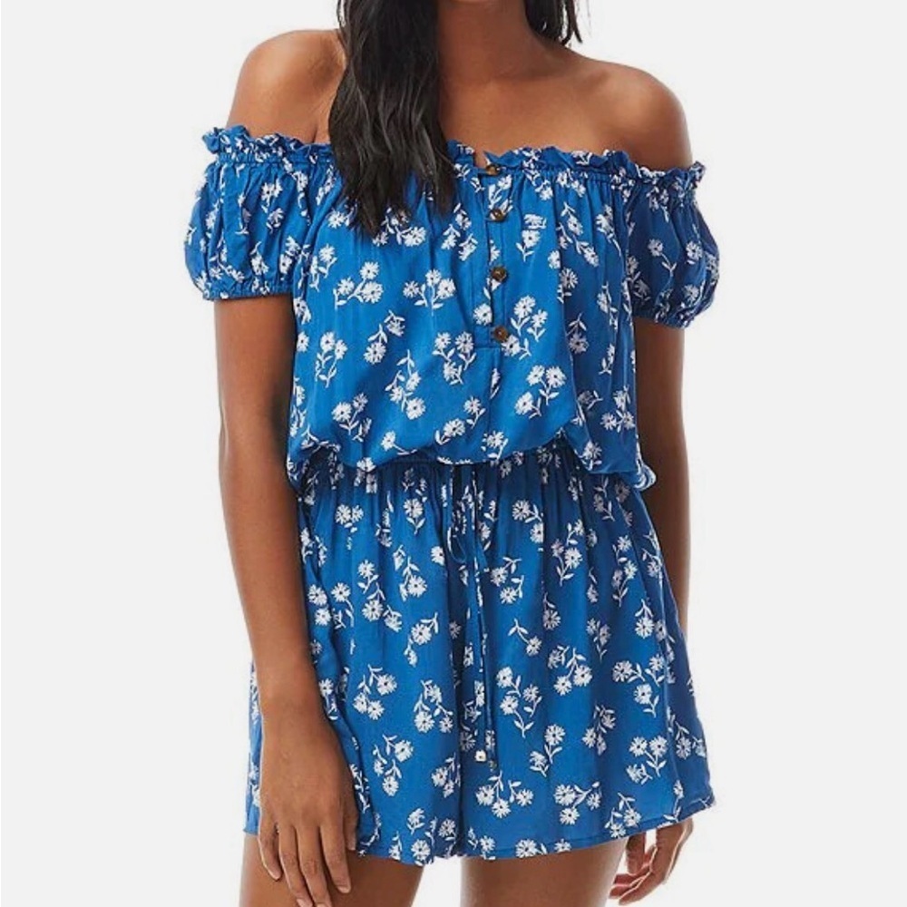 Kate Spade Dandelion Blue Floral Romper Cottagecore off the shoulder Bobo Resort